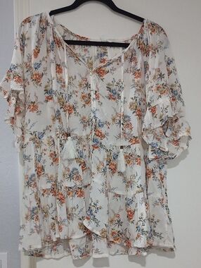 Maurices Cream Floral Peasant Blouse with Orange & Blue Print size L